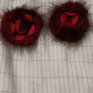 Elegant Burgundy Genuine Fur Flower Shoe Jewelry, Nwot ,One Size